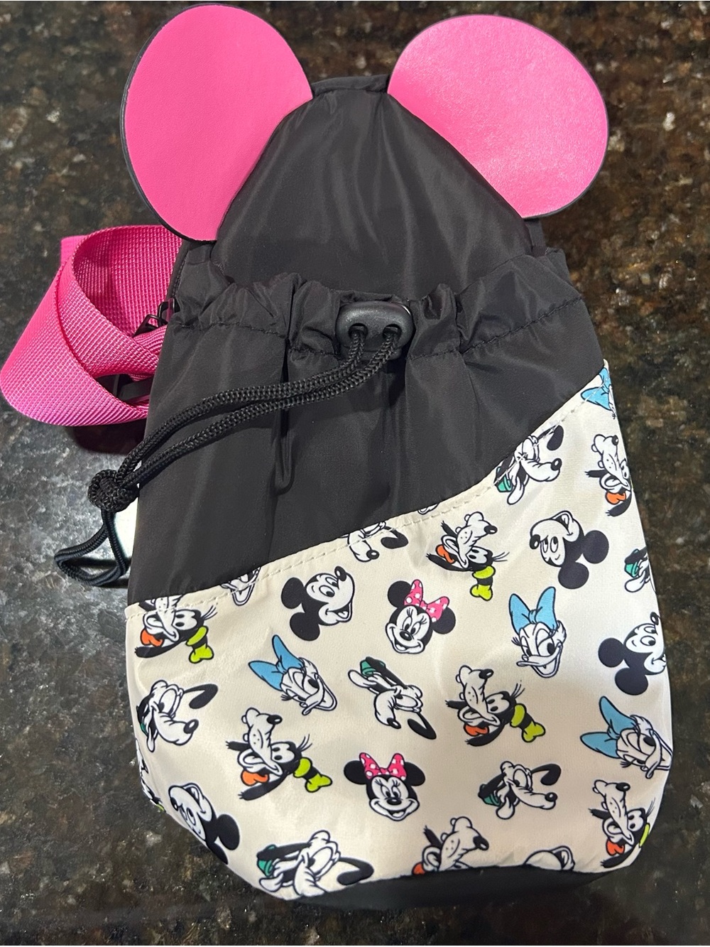 Disney Black Drawstring Crossbody Bag with Pink Ears. Holds water Bottle.